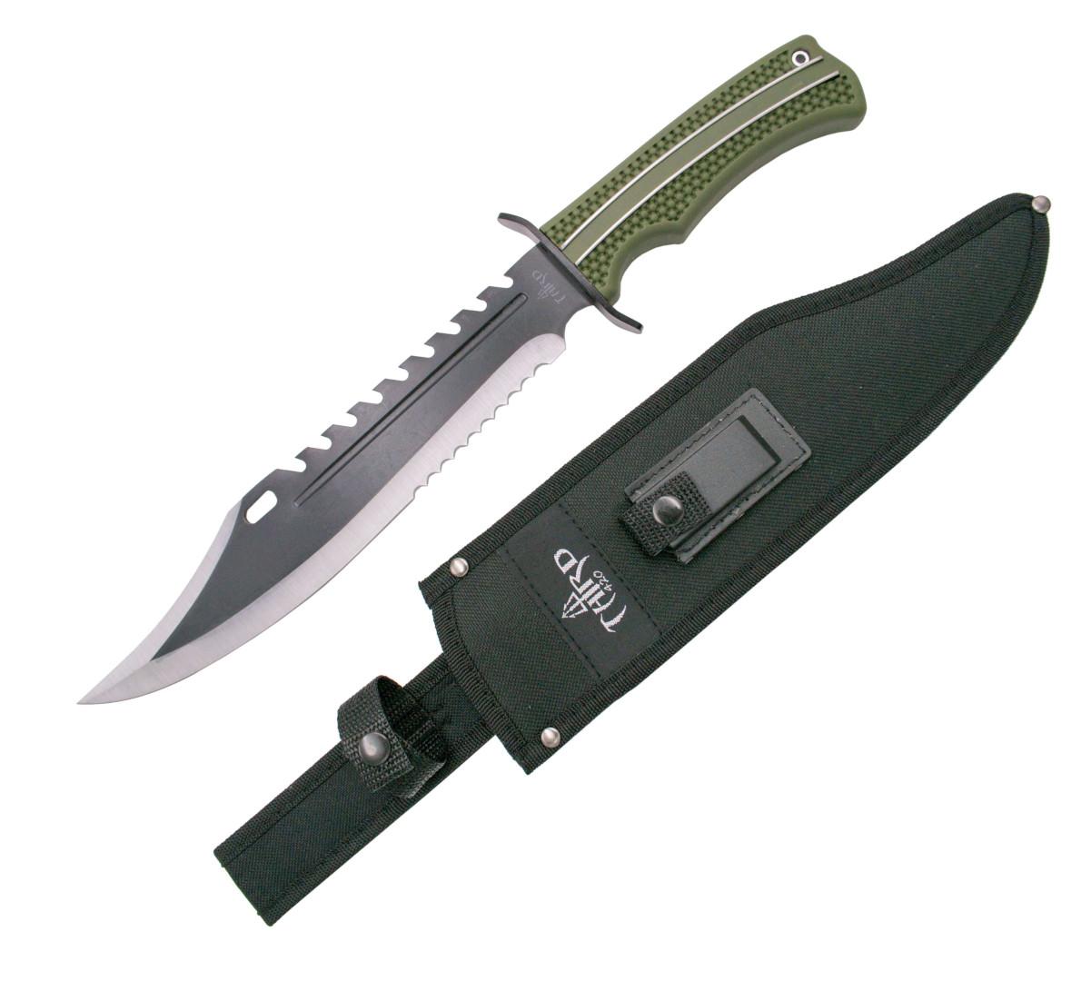 Tactical knife with green ABS handle and sharpening stone
