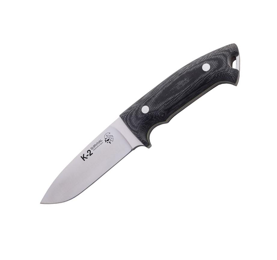 JV K2 tactical knife with black TRF handle and leather sheath