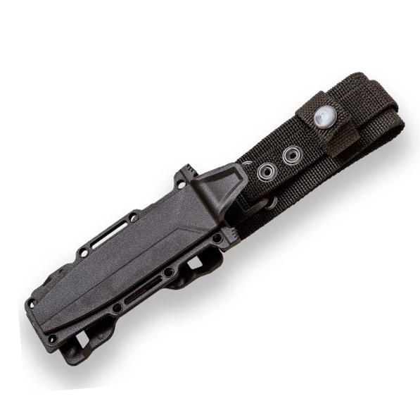 Cuchillo militar JKR de goma negra con hoja mitad dentada