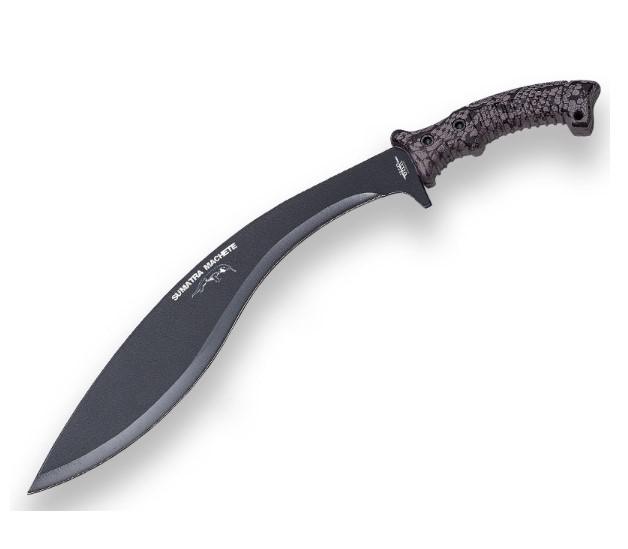 Machete Kukri Sumatra con hoja curva de 35,5 cm y mango de goma