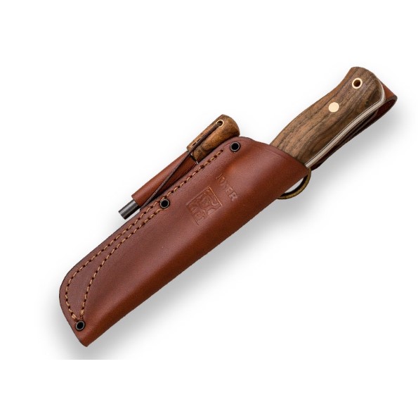 Cuchillo bushcraft y supervivencia Joker Bushlore con mango de madera de nogal y pedernal