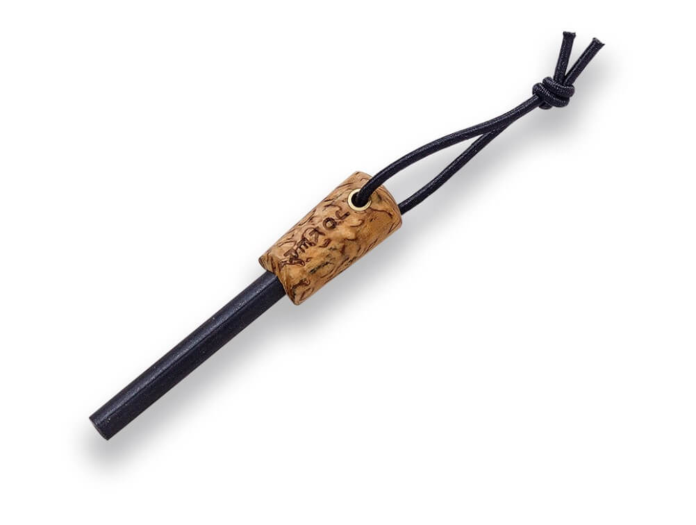 Cuchillo de bushcraft y supervivencia Joker Bushlore con mango de madera de abedul rizado con pedernal