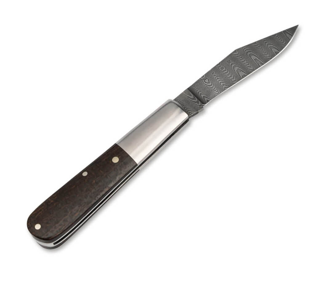 Navaja de colección Boker Barlow M4 Sherman-Damast con hoja de acero damasco y mango de micarta