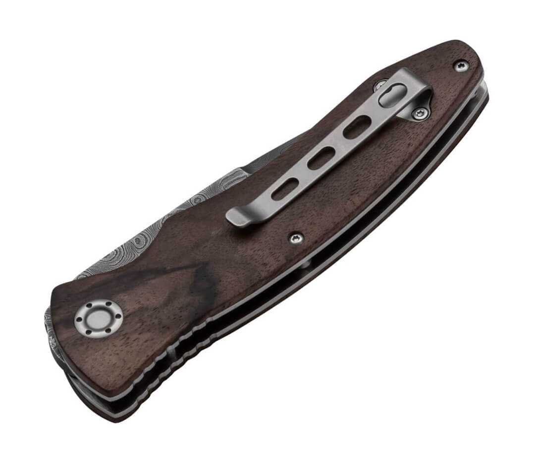 Navaja de colección Boker Tirpitz-Damast Wood 42 con hoja de damasco y mango de madera de nogal