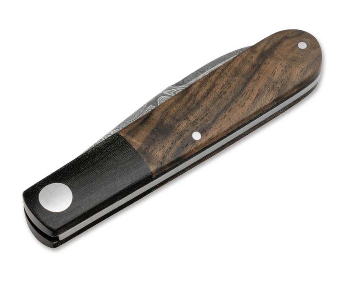 Boker Barlow Prime Tirpitz-Damast navaja de colección con hoja de damasco y mango de nogal