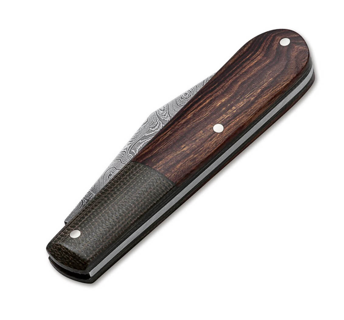 Boker Barlow Integral Leopard-Damast navaja con hoja de damasco y mango de madera de palo del desierto