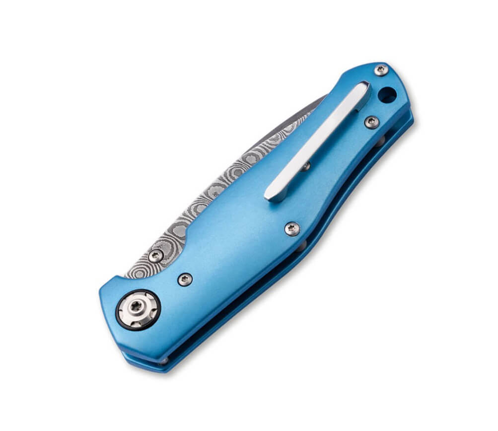 Boker 1969 Z28-Damast navaja de colección con hoja de damasco y mango de aluminio azul