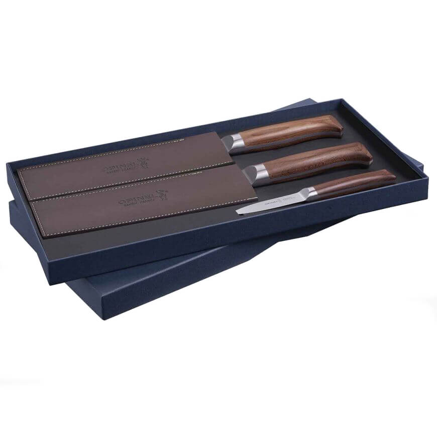 Set de tres cuchillos de cocina Opinel Les Forges 1890 con mango de haya estabilizada
