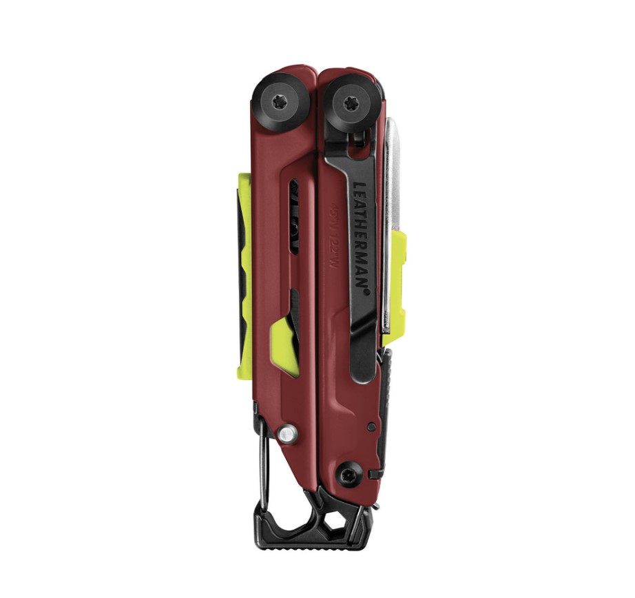 Multiherramienta Leatherman Signal con mango color granate y herramientas color negro con 19 usosc