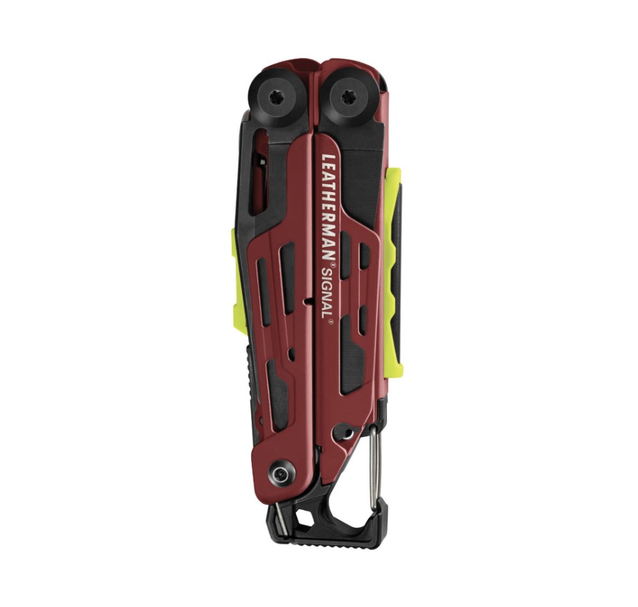 Multiherramienta Leatherman Signal con mango color granate y herramientas color negro con 19 usosc
