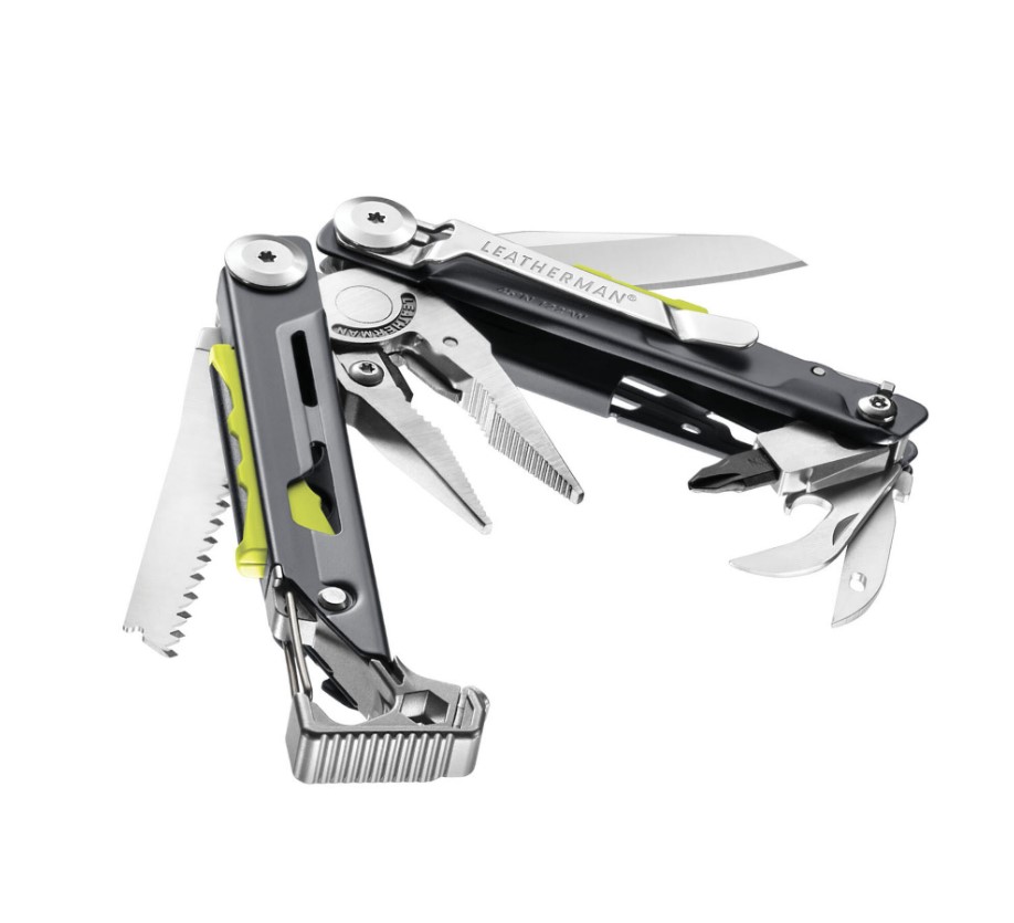 Multiherramienta Leatherman Signal con mango color gris y verde con 19 usos