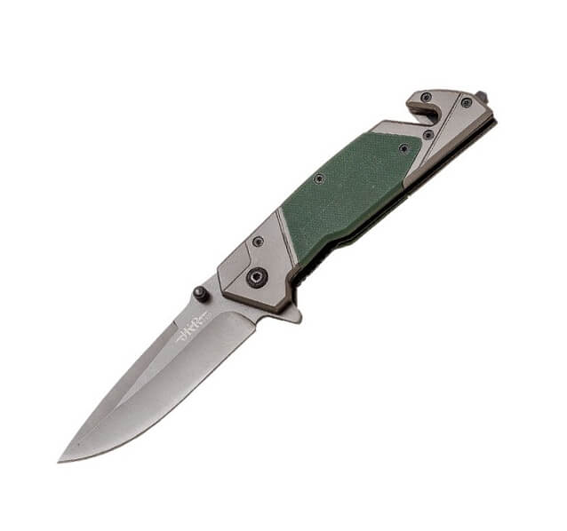 Navaja de rescate JKR PRO 10021 con mango de G10 verde y hoja de 9.5 cm con recubrimiento de titanio