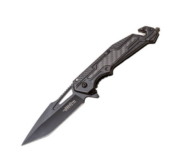 Navaja de rescate JKR PRO 10009 con mango de acero inoxidable con fibra de carbono y hoja de acero D2 de 9 cm