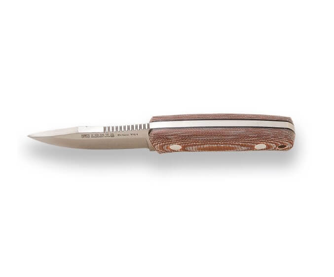 Cuchillo enterizo Erizo TS1 con mango de micarta marrón y funda de cuero