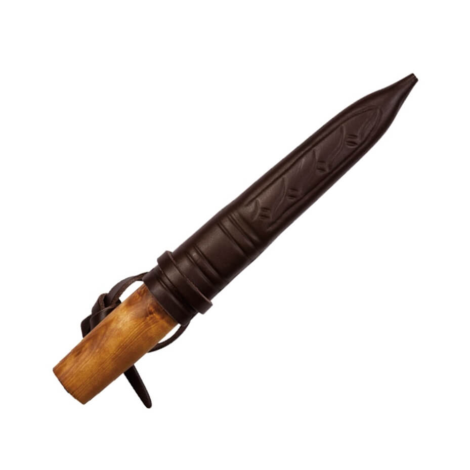 Cuchillo bushcraft Helle Viking 96 con mango de madera de abedul y hoja de acero carbono