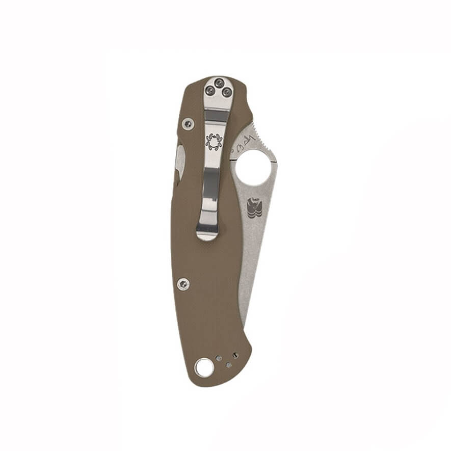 Navaja Spyderco Para Military 2 con mango de G-10 marrón y hoja PlainEgde de CPM-15V Stonewash C81GPBM15V2