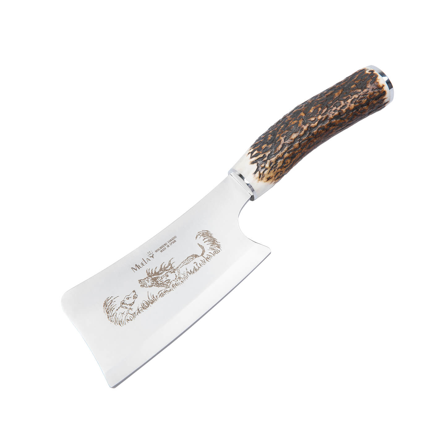 Hacha de caza Muela HC-13A con mango de asta ciervo y funda de cu...
