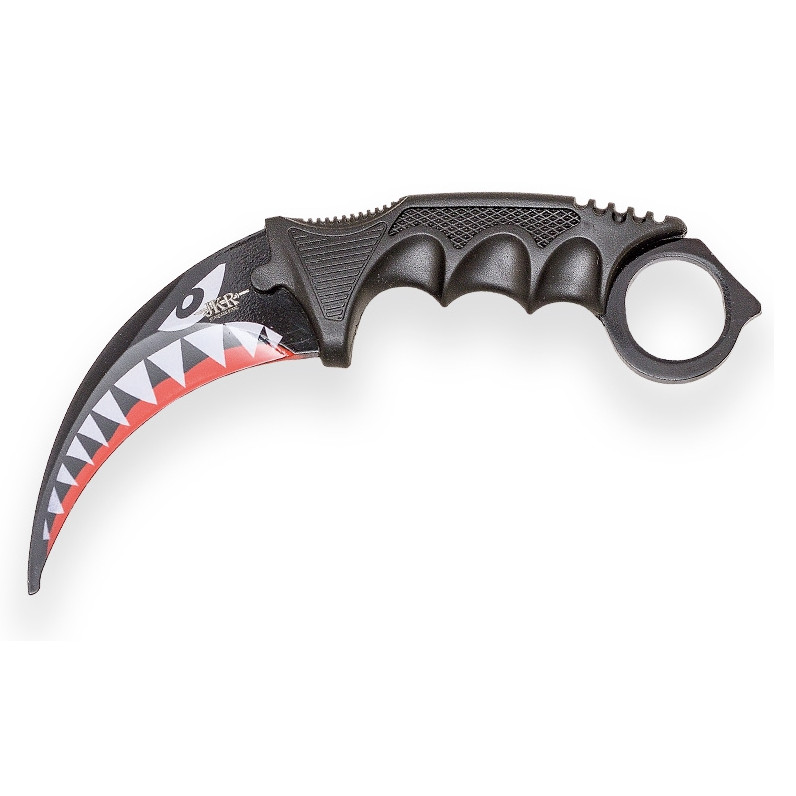 Cuchillo Karambit de entrenamiento con ojos y dientes dibujados en la hoja