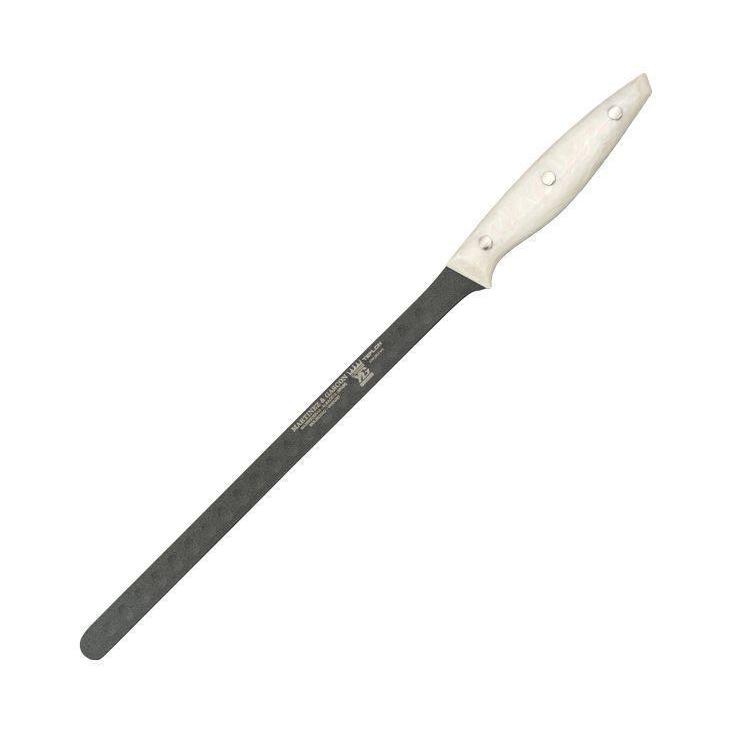 Cuchillo jamonero alveolado con mango de metacrilato blanco imita...