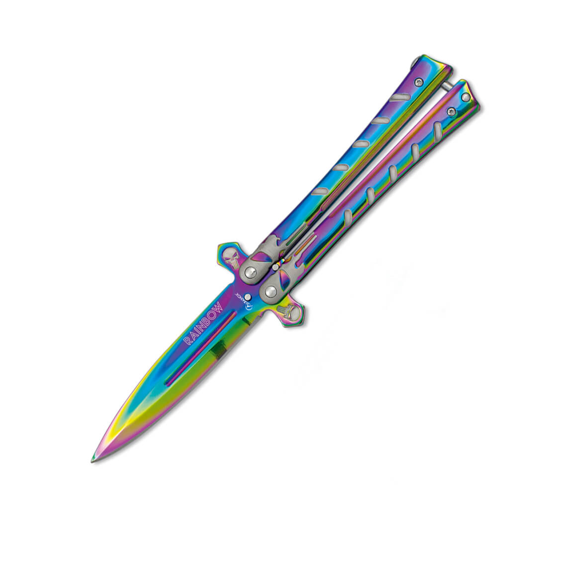 Navaja abanico calavera de acero inoxidable con acabado rainbow y...