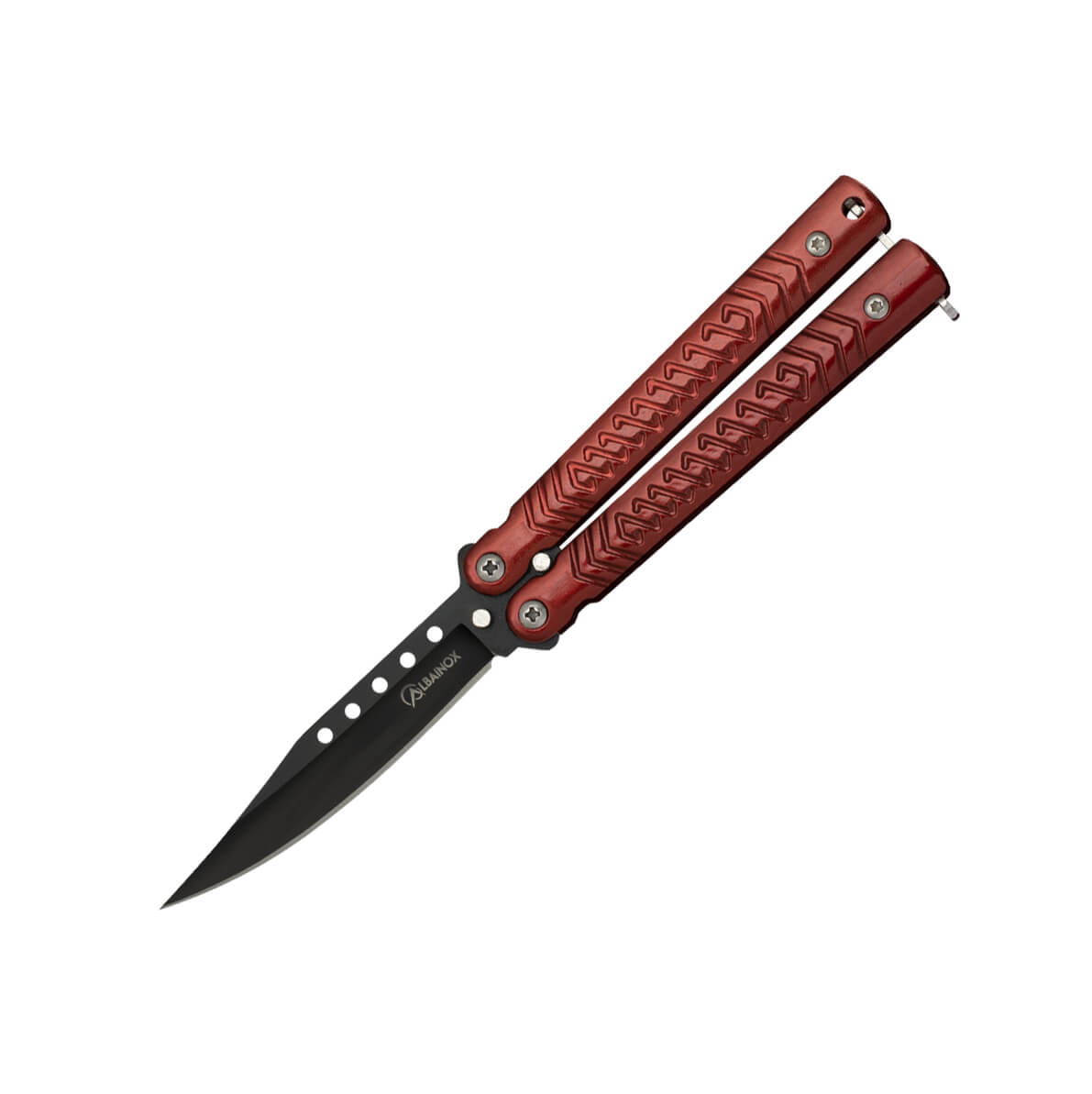 Navaja mariposa de acero inoxidable con mango rojo y hoja negra d...