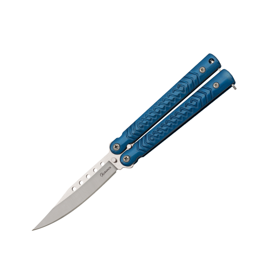 Navaja mariposa de acero inoxidable con mango azul y hoja de 7.2 ...