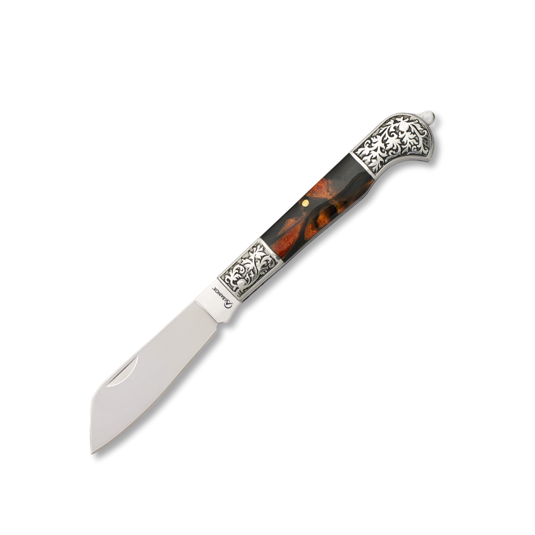 Navaja clásica con mango de acrílico naranja y hoja drop point ...
