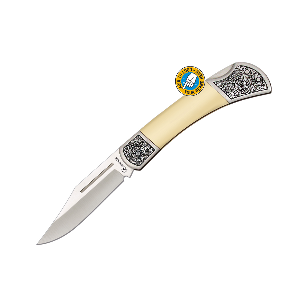 Navaja clásica con mango de PVC blanco y hoja de 7.8 cm con bloq...