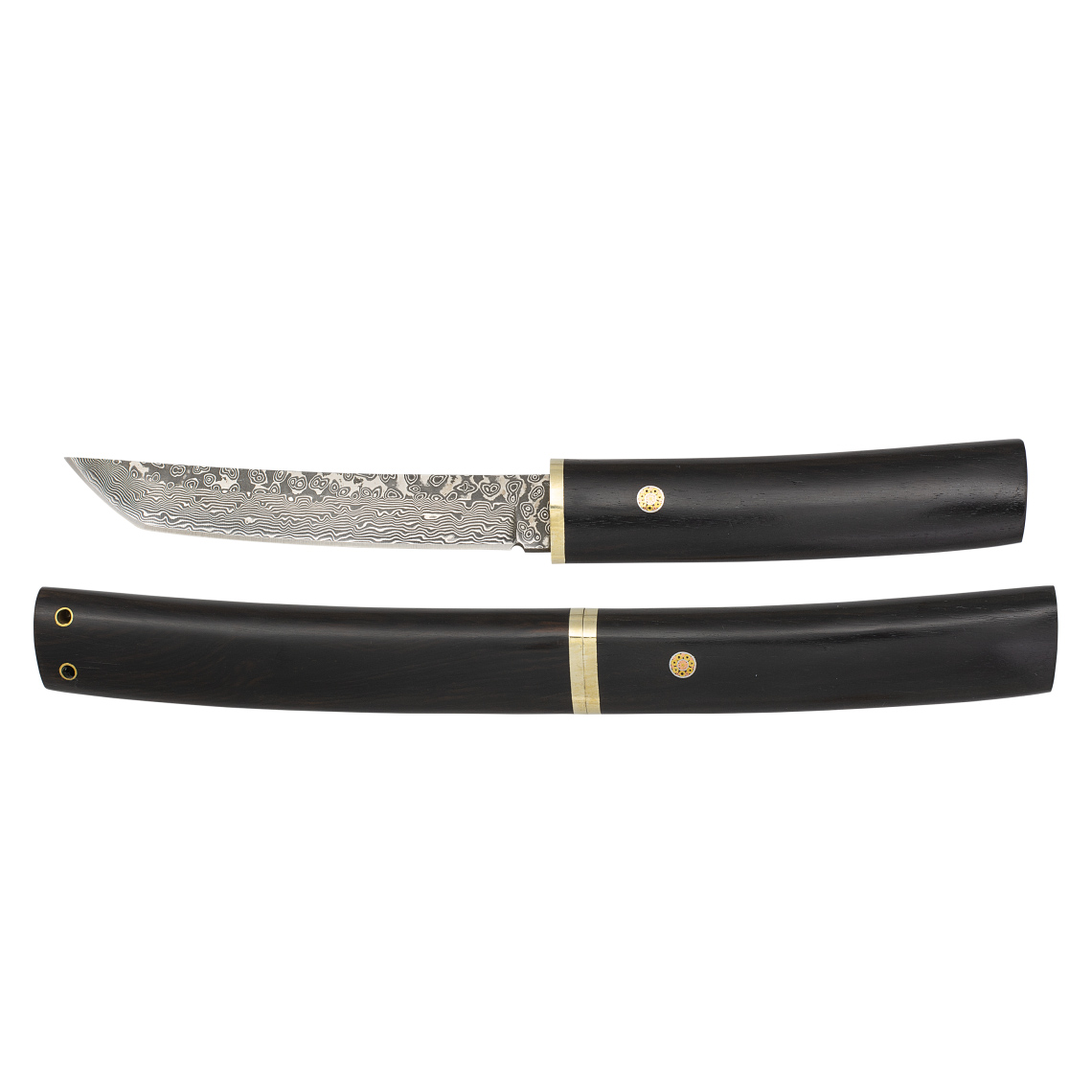 Cuchillo de caza con hoja de acero damasco de 11 cm y mango y funda de ébano