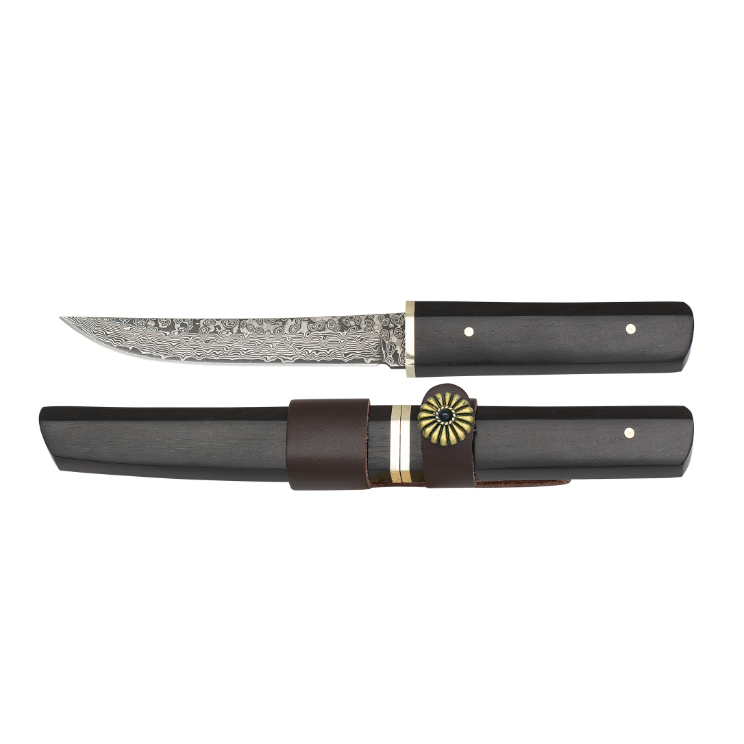 Cuchillo de caza con hoja de acero damasco de 11.6 cm y mango y funda de ébano con accesorio de piel