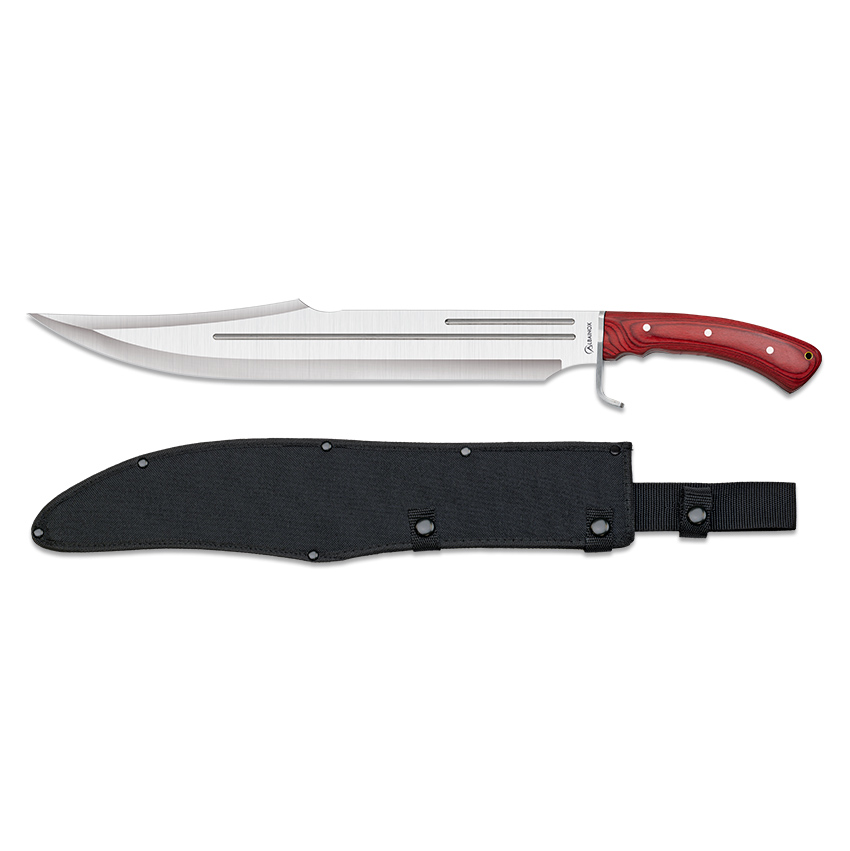 Cuchillo de caza grande con mango de estamina roja y hoja de 43 cm