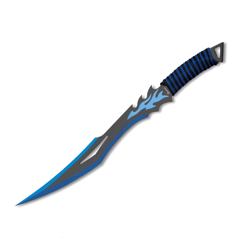 Machete táctico con hoja negra y azul de 37.5 cm y mango encorda...