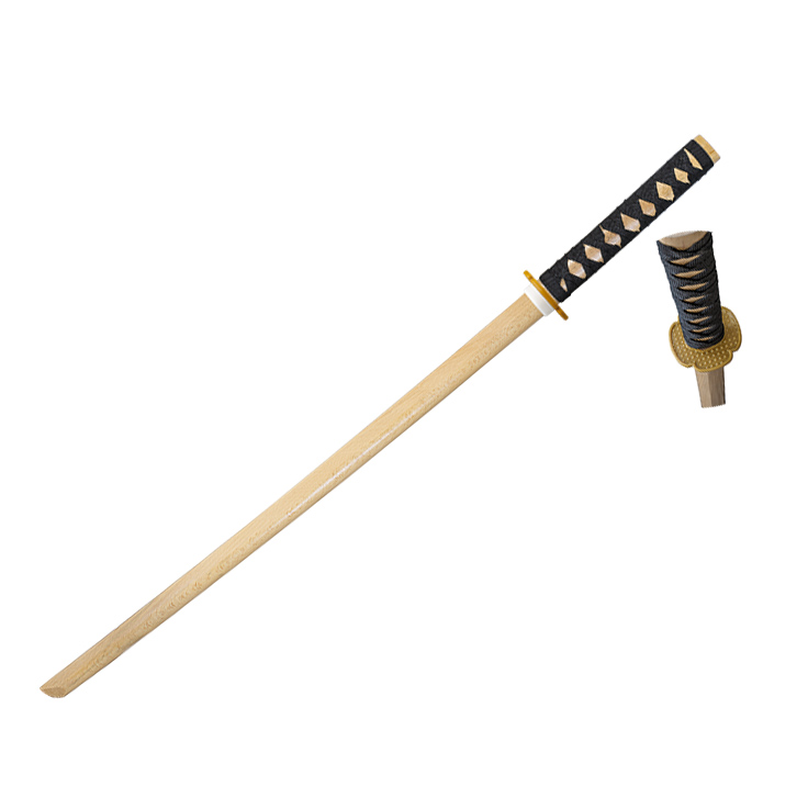 Katana de treino em madeira com cabo preto e tsuba dourado