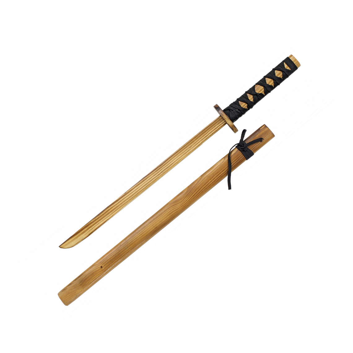 Katana em madeira com cabo em corda preta e comprimento de 72 cm