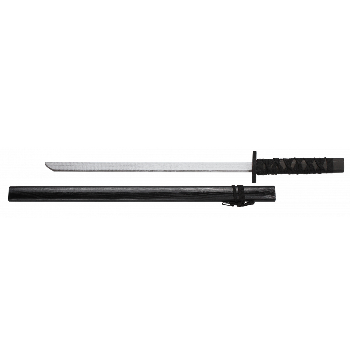 Katana de madera con mango negro y encordado negro y una longitud de 72 cm