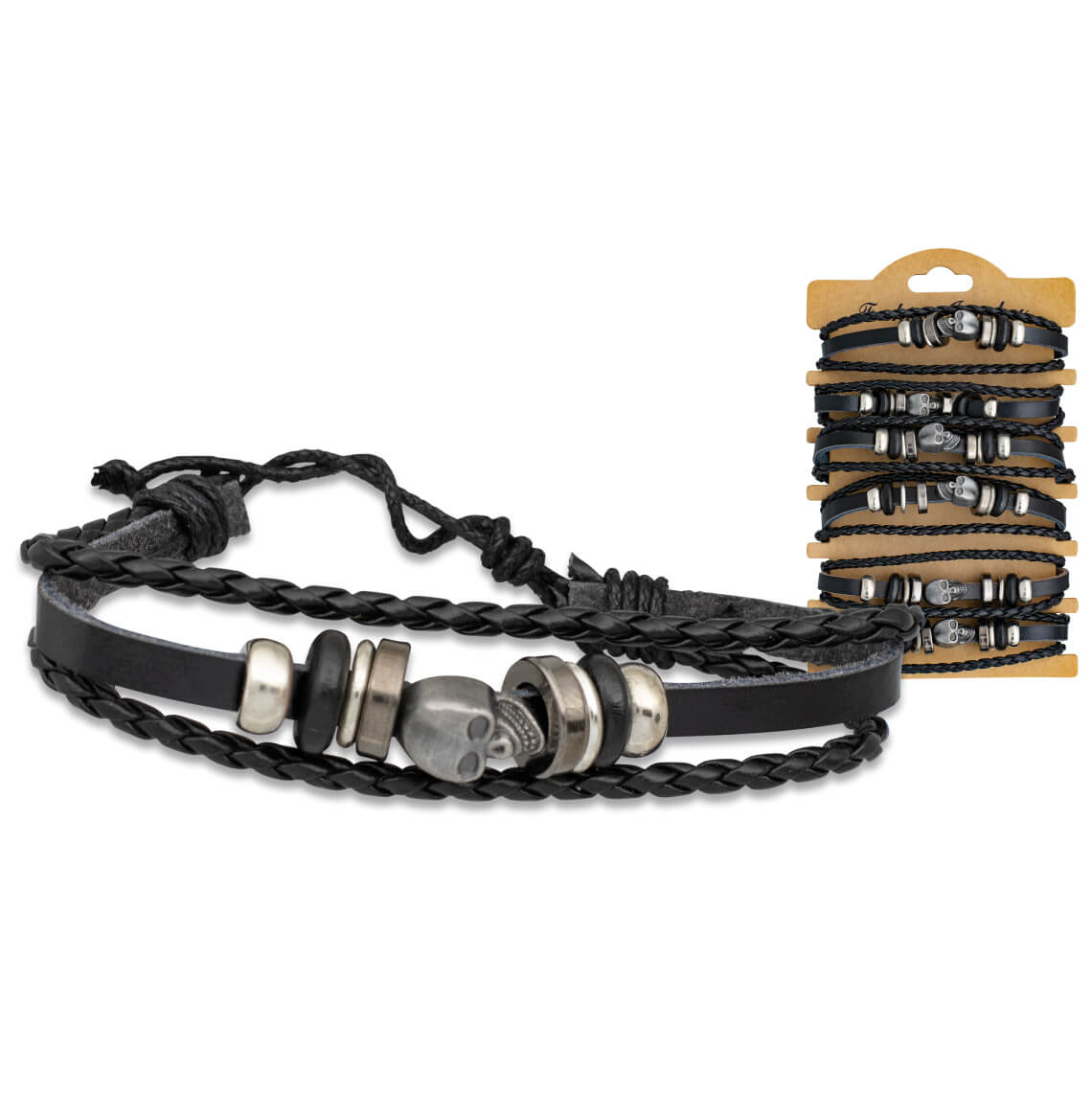 Pack 6 pulseras de polipiel negra con calavera