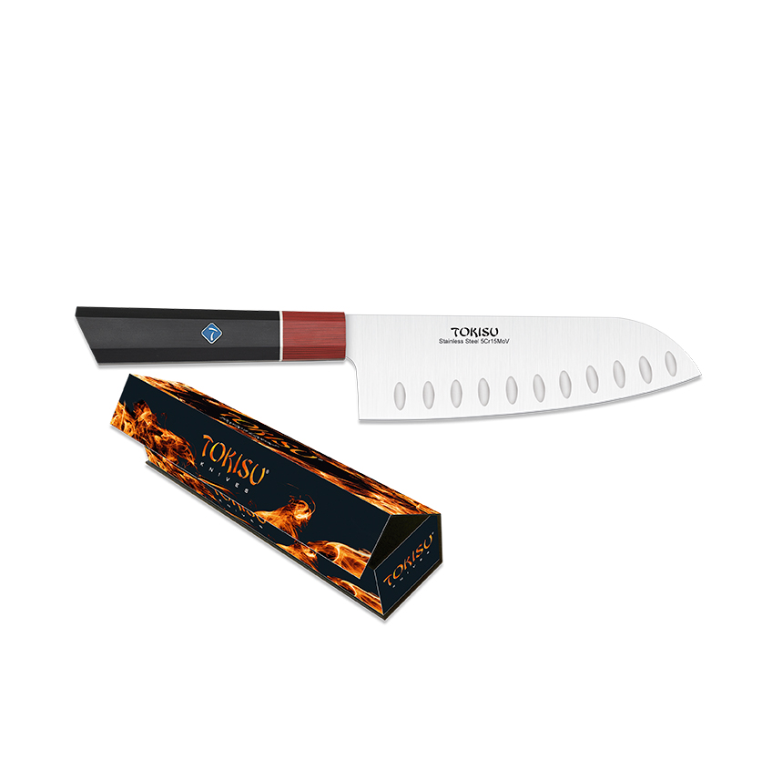 Cuchillo de cocina Santoku con hoja de 17 cm y mango de G10 negro y rojo