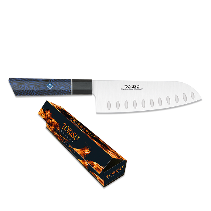 Cuchillo de cocina Santoku con hoja de 17 cm y mango de G10 azul y negro