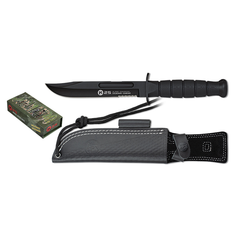 Cuchillo táctico K25 con hoja negra semi dentada y mango de G10 negro