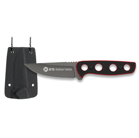 Cuchillo táctico K25 con hoja de 6.3 cm y mango de G10 negro y rojo
