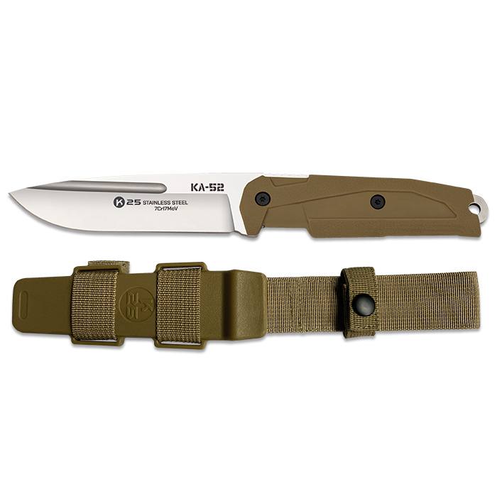 Cuchillo táctico KA-52 con hoja de 11.5 cm y mango de goma coyote