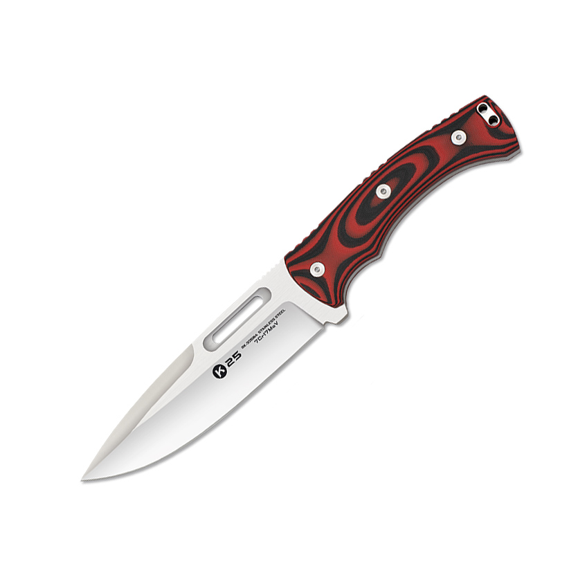 Cuchillo táctico K25 con hoja de 15 cm y mango de G10 rojo y neg...