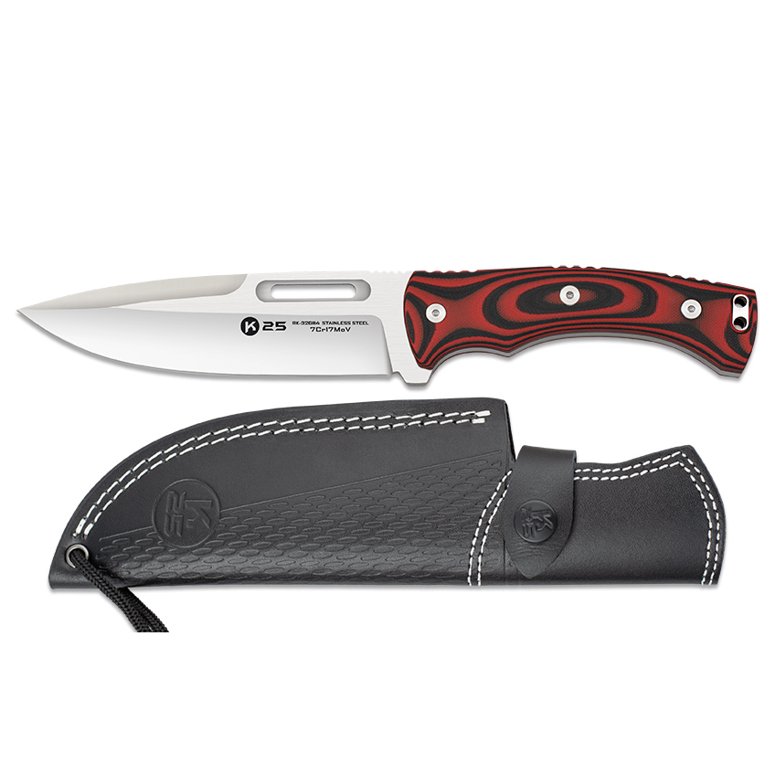 Cuchillo táctico K25 con hoja de 15 cm y mango de G10 rojo y negro