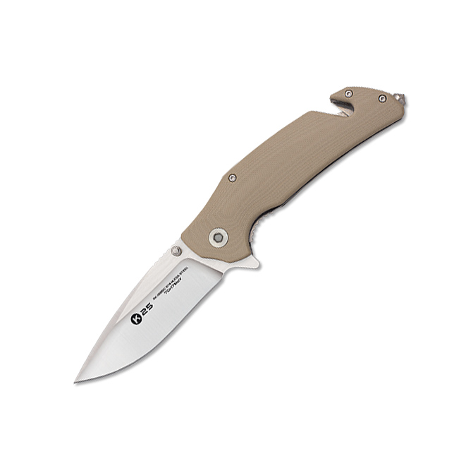 Navaja táctica K25 con hoja de 9 cm y mango de G10 marrón con c...