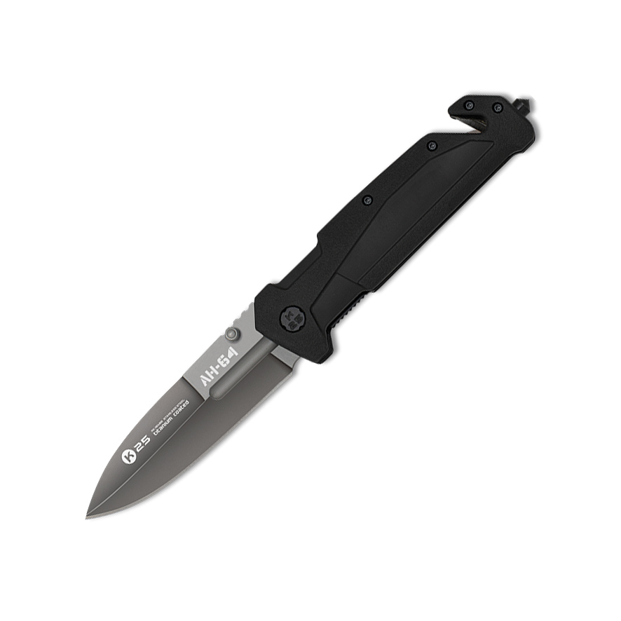 Navaja táctica AH64 con hoja de 9 cm y mango de goma negra con c...