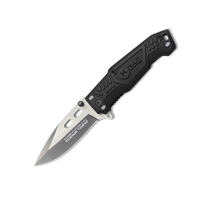 Navaja táctica K25 con hoja de 7.8 cm y mango de aluminio negro