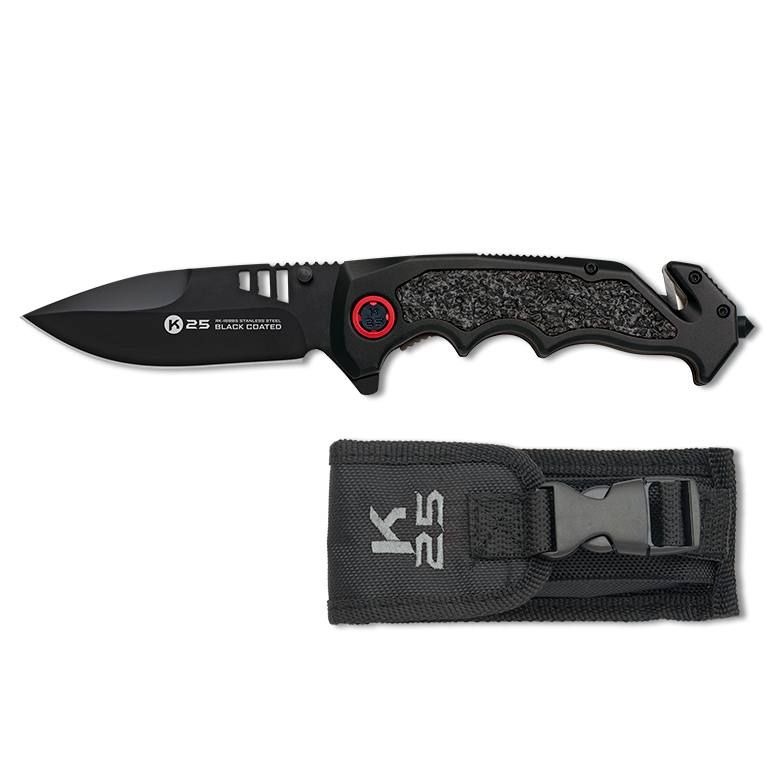 Navaja táctica K25 con hoja de 9.6 cm y mango de aluminio engomado negro