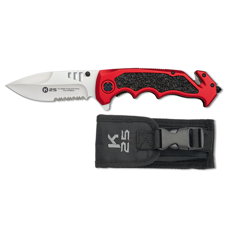 Navaja táctica K25 con hoja de 9.6 cm y mango de aluminio engomado rojo y negro