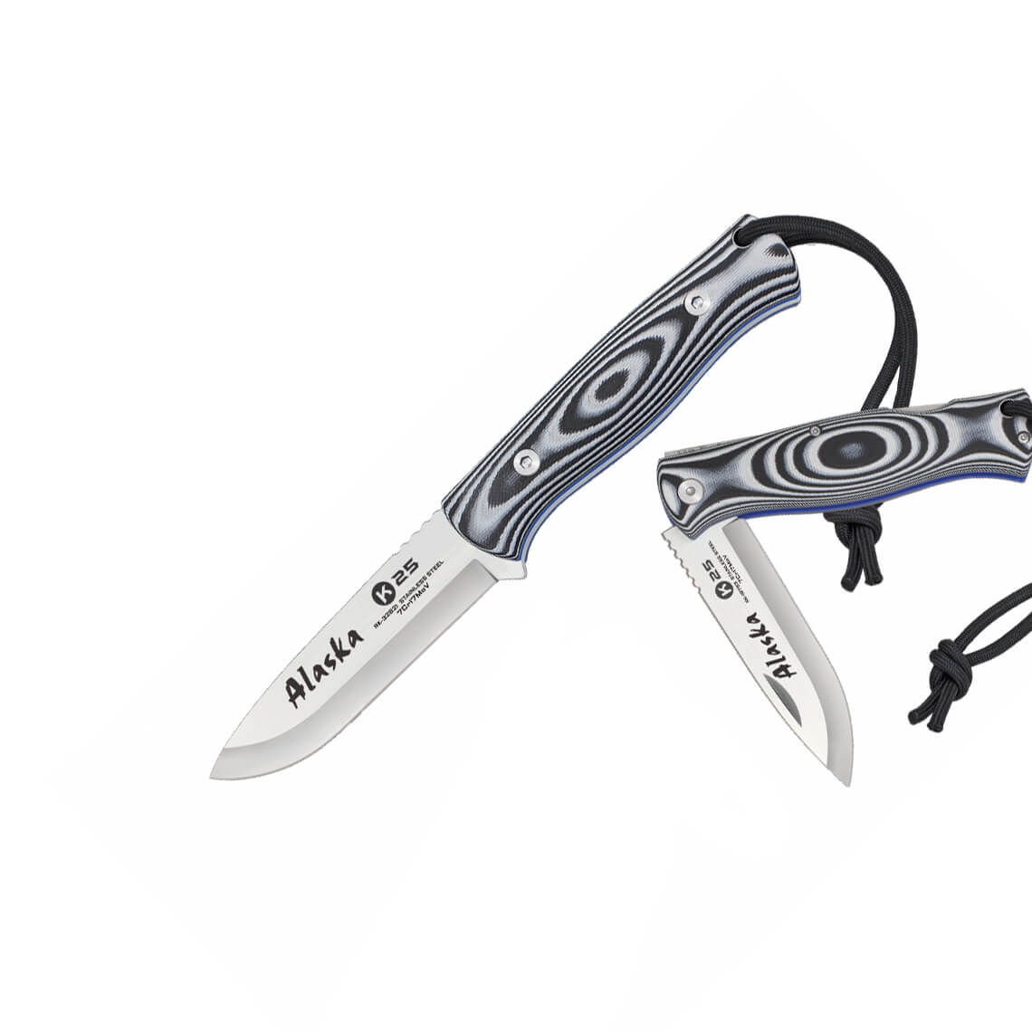 Navaja táctica Alaska K25 con hoja de 9 cm y mango de G10 blanco y negro
