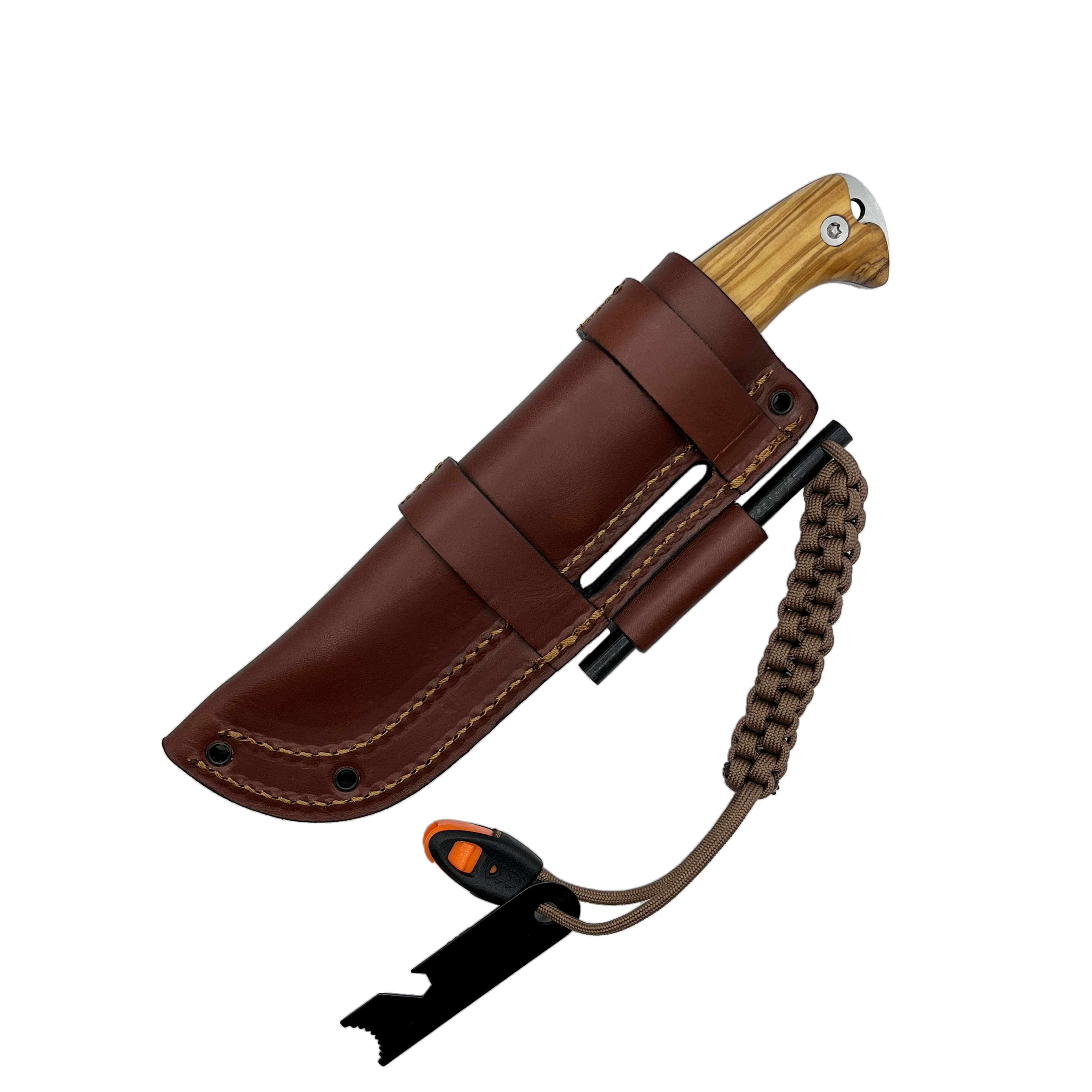 Cuchillo bushcraft Amarok-4S con mango de madera de olivo y hoja de 4" vaciado escandi con pedernal